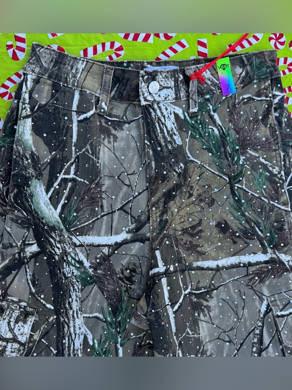 VBRT Rhinestone Camo Barrel Jeans Womens 7 W27 Baggy Cargo Y2K NWT XPT506 - Picture 9 of 16